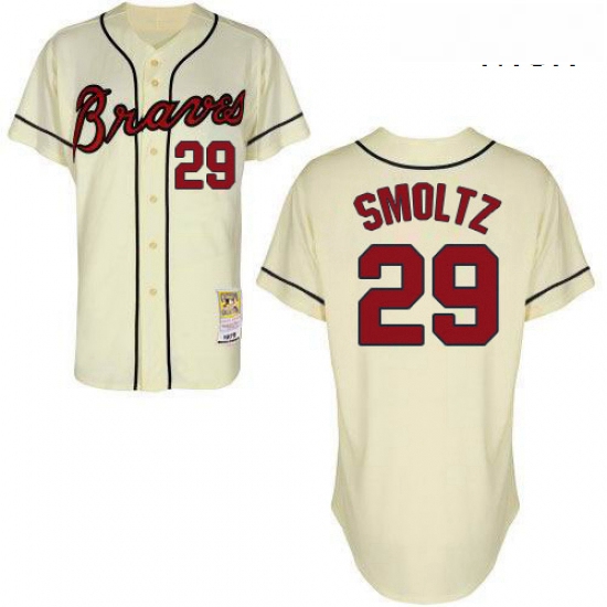 Mens Mitchell and Ness Atlanta Braves 29 John Smoltz Replica Cream Throwback MLB Jersey