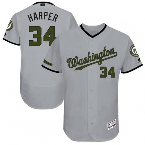 Mens Majestic Washington Nationals 34 Bryce Harper Grey Memorial Day Authentic Collection Flex Base 