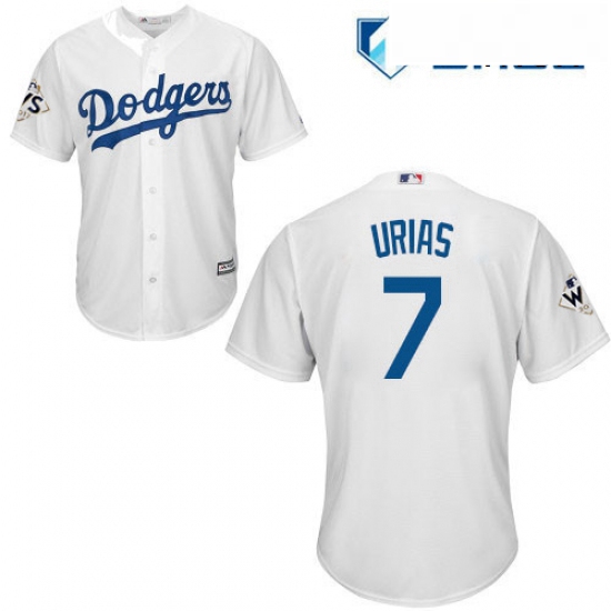 Mens Majestic Los Angeles Dodgers 7 Julio Urias Replica White Home 2017 World Series Bound Cool Base