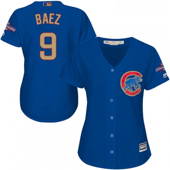 Womens Majestic Chicago Cubs 9 Javier Baez Authentic Royal Blue 2017 Gold Champion MLB Jersey