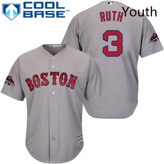 Youth Majestic Boston Red Sox 3 Babe Ruth Authentic Grey Road Cool Base 2018 World Series Champions 