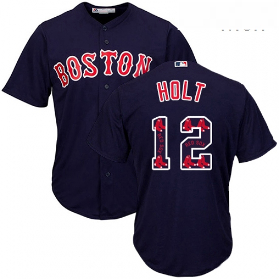 Mens Majestic Boston Red Sox 12 Brock Holt Authentic Navy Blue Team Logo Fashion Cool Base MLB Jerse