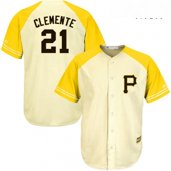 Mens Majestic Pittsburgh Pirates 21 Roberto Clemente Authentic CreamGold Exclusive Cool Base MLB Jer