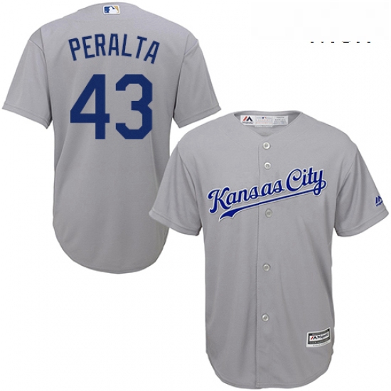 Mens Majestic Kansas City Royals 43 Wily Peralta Replica Grey Road Cool Base MLB Jersey