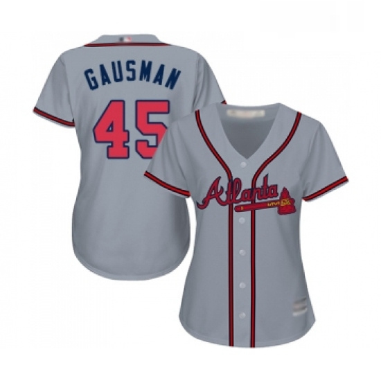 Womens Atlanta Braves 45 Kevin Gausman Replica Grey Road Cool Base Baseball Jersey