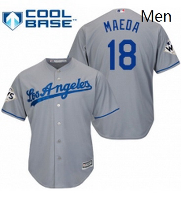 Mens Majestic Los Angeles Dodgers 18 Kenta Maeda Replica Grey Road 2017 World Series Bound Cool Base