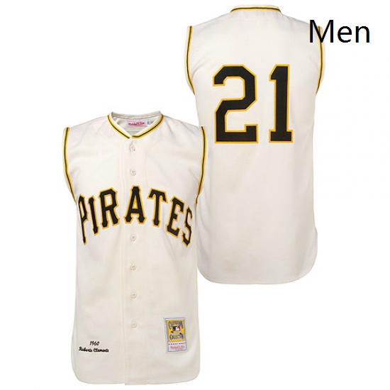 Mens Mitchell and Ness 1960 Pittsburgh Pirates 21 Roberto Clemente Authentic Cream Throwback MLB Jer