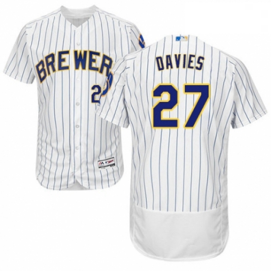 Mens Majestic Milwaukee Brewers 27 Zach Davies White Home Flex Base Authentic Collection MLB Jersey