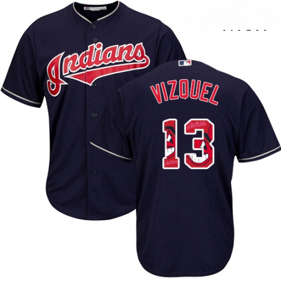 Mens Majestic Cleveland Indians 13 Omar Vizquel Authentic Navy Blue Team Logo Fashion Cool Base MLB 