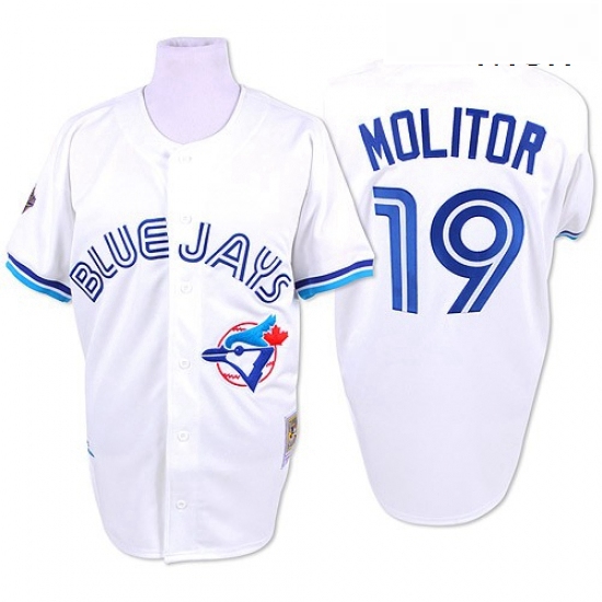 Mens Mitchell and Ness Toronto Blue Jays 19 Paul Molitor Replica White Throwback MLB Jersey