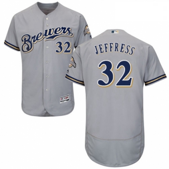 Mens Majestic Milwaukee Brewers 32 Jeremy Jeffress Grey Road Flex Base Authentic Collection MLB Jers