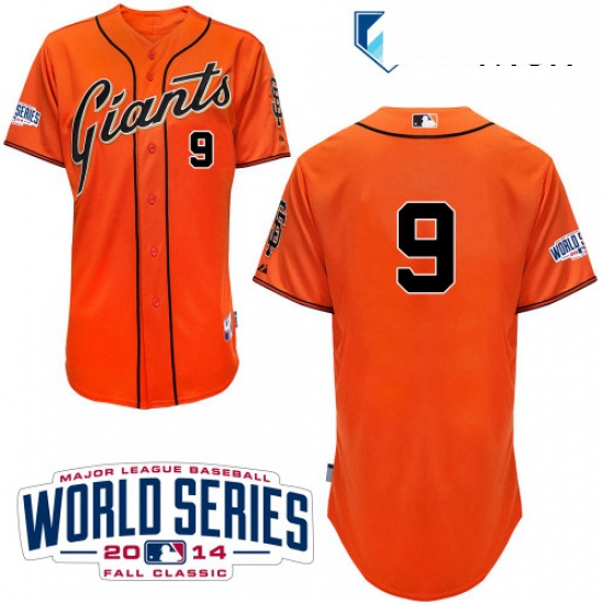 Mens Majestic San Francisco Giants 9 Brandon Belt Replica Orange Alternate Cool Base w2014 World Ser