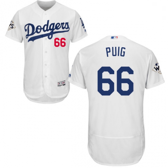 Mens Majestic Los Angeles Dodgers 66 Yasiel Puig Authentic White Home 2017 World Series Bound Flex B