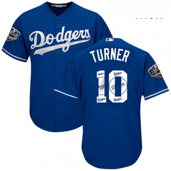 Mens Majestic Los Angeles Dodgers 10 Justin Turner Authentic Royal Blue Team Logo Fashion Cool Base 