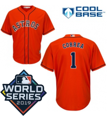 Mens Majestic Houston Astros 1 Carlos Correa Replica Orange Alternate Cool Base Sitched 2019 World S