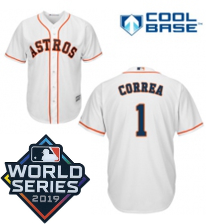 Mens Majestic Houston Astros 1 Carlos Correa Replica White Home Cool Base Sitched 2019 World Series 