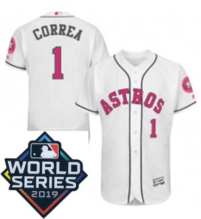 Mens Majestic Houston Astros 1 Carlos Correa Replica White 2016 Mothers Day Cool Base Sitched 2019 W