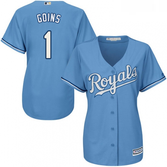 Womens Majestic Kansas City Royals 1 Ryan Goins Authentic Light Blue Alternate 1 Cool Base MLB Jerse