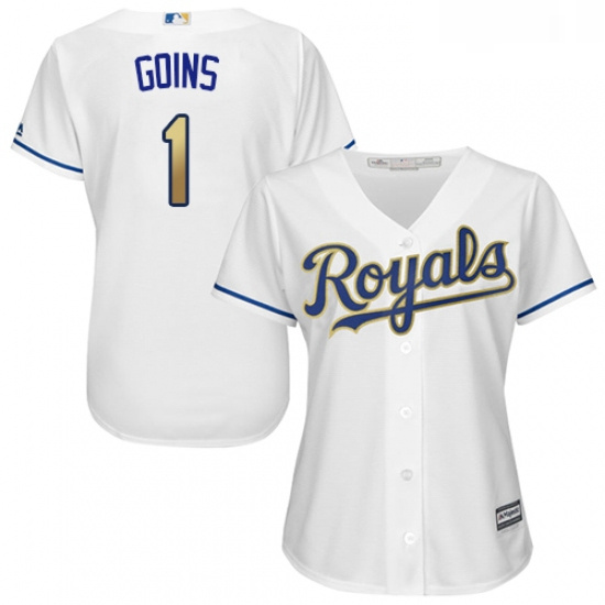 Womens Majestic Kansas City Royals 1 Ryan Goins Authentic White Home Cool Base MLB Jersey