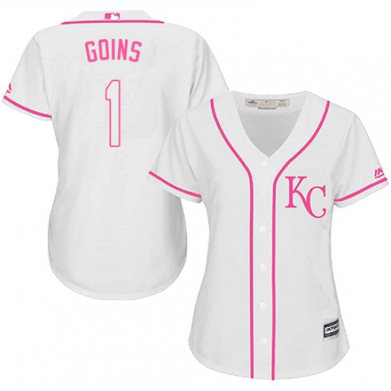 Womens Majestic Kansas City Royals 1 Ryan Goins Replica White Fashion Cool Base MLB Jersey