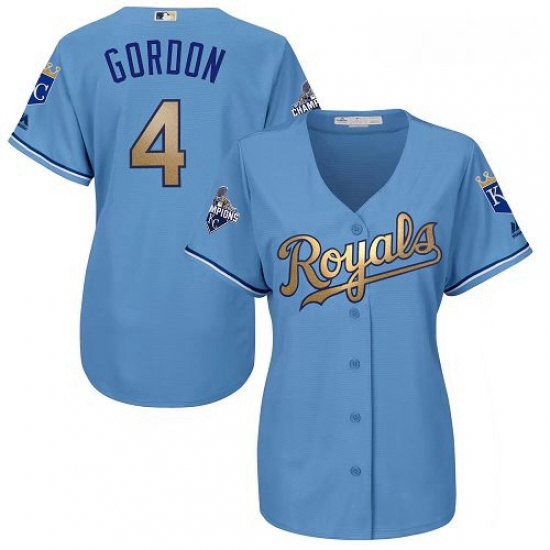 Womens Majestic Kansas City Royals 4 Alex Gordon Authentic Light Blue 2015 World Series Champions Go