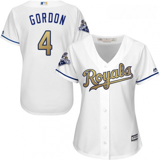 Womens Majestic Kansas City Royals 4 Alex Gordon Authentic White 2015 World Series Champions Gold Pr