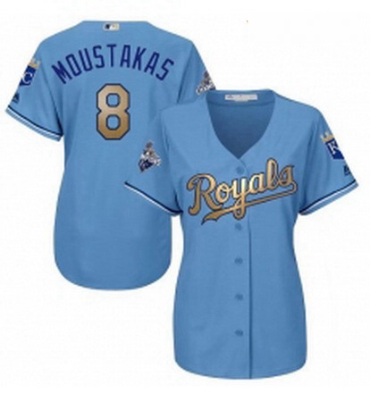 Womens Majestic Kansas City Royals 8 Mike Moustakas Authentic Light Blue 2015 World Series Champions