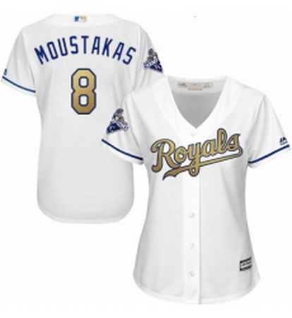 Womens Majestic Kansas City Royals 8 Mike Moustakas Authentic White 2015 World Series Champions Gold