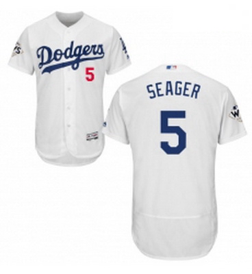 Mens Majestic Los Angeles Dodgers 5 Corey Seager Authentic White Home 2017 World Series Bound Flex B