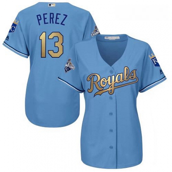 Womens Majestic Kansas City Royals 13 Salvador Perez Authentic Light Blue 2015 World Series Champion