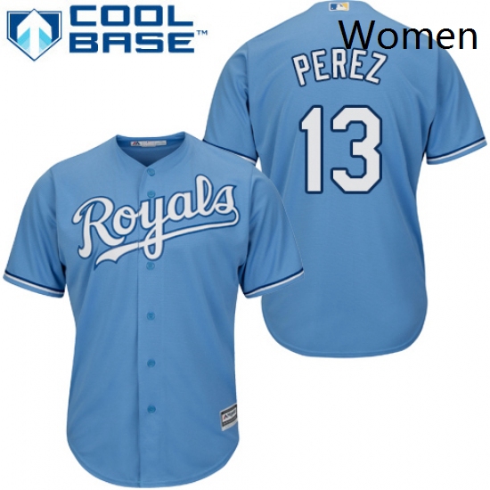 Womens Majestic Kansas City Royals 13 Salvador Perez Authentic Light Blue Alternate 1 Cool Base MLB 