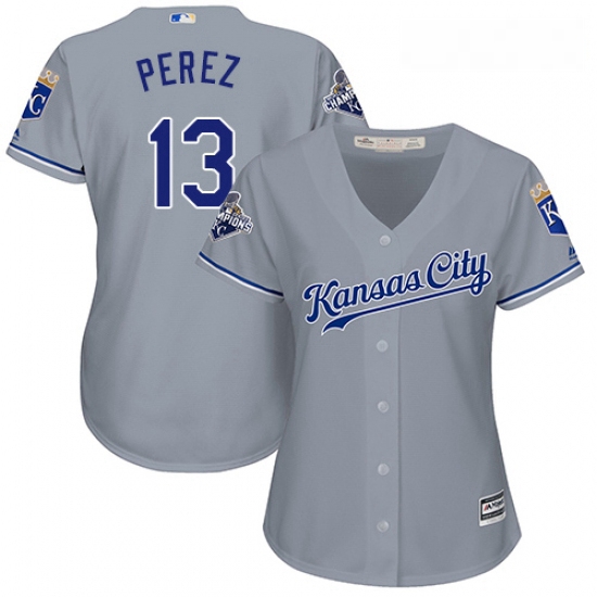 Womens Majestic Kansas City Royals 13 Salvador Perez Replica Grey Road Cool Base MLB Jersey