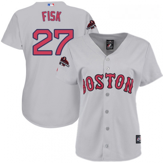 Womens Majestic Boston Red Sox 27 Carlton Fisk Authentic Grey Road 2018 World Series Champions MLB J