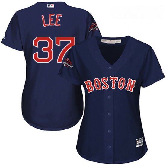 Womens Majestic Boston Red Sox 37 Bill Lee Authentic Navy Blue Alternate Road 2018 World Series Cham