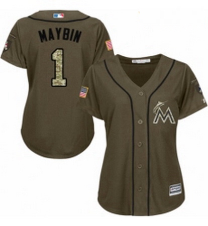 Womens Majestic Miami Marlins 1 Cameron Maybin Authentic Green Salute to Service MLB Jersey