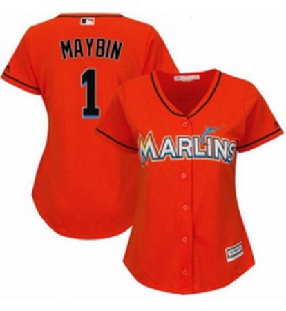 Womens Majestic Miami Marlins 1 Cameron Maybin Authentic Orange Alternate 1 Cool Base MLB Jersey