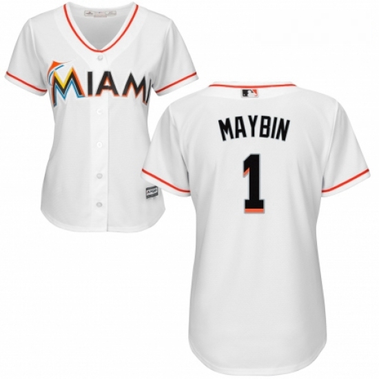 Womens Majestic Miami Marlins 1 Cameron Maybin Authentic White Home Cool Base MLB Jersey