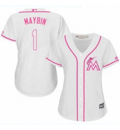 Womens Majestic Miami Marlins 1 Cameron Maybin Replica White Fashion Cool Base MLB Jersey