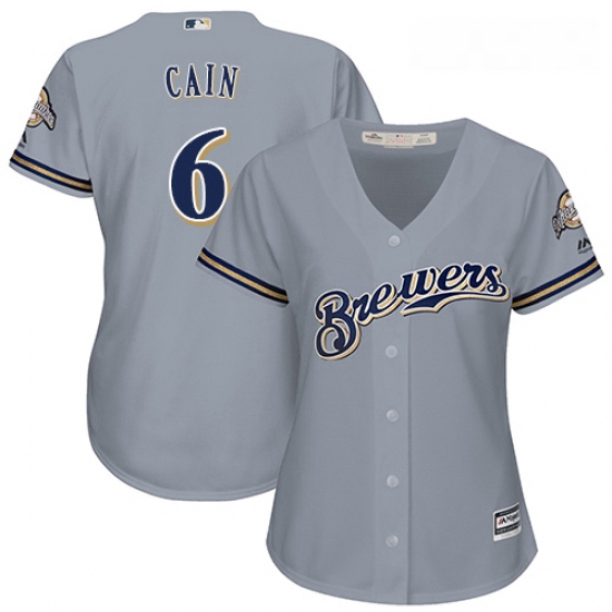 Womens Majestic Milwaukee Brewers 6 Lorenzo Cain Replica Grey Road Cool Base MLB Jersey