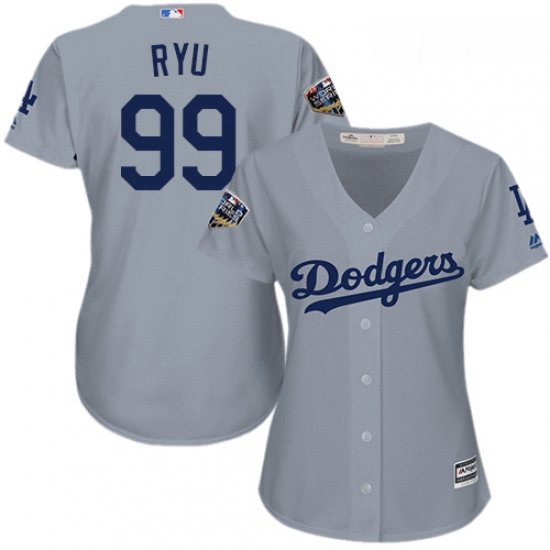 Women's Majestic Los Angeles Dodgers #99 Hyun-Jin Ryu Authentic Grey Road Cool Base 2018 World Serie