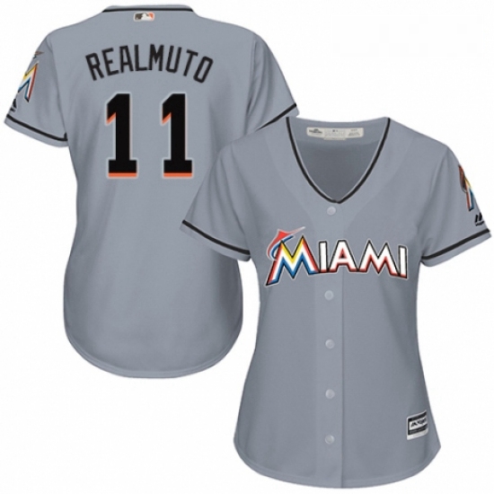 Womens Majestic Miami Marlins 11 J T Realmuto Authentic Grey Road Cool Base MLB Jersey