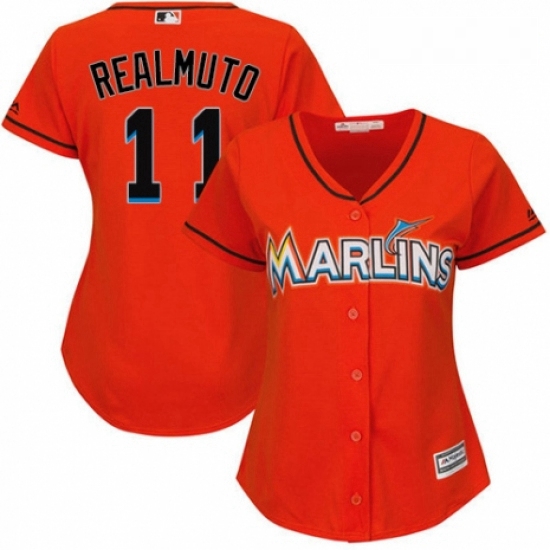 Womens Majestic Miami Marlins 11 J T Realmuto Authentic Orange Alternate 1 Cool Base MLB Jersey