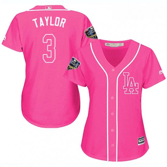 Womens Majestic Los Angeles Dodgers 3 Chris Taylor Authentic Pink Fashion Cool Base 2018 World Serie