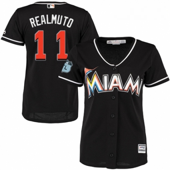 Womens Majestic Miami Marlins 11 J T Realmuto Replica Black Alternate 2 Cool Base MLB Jersey