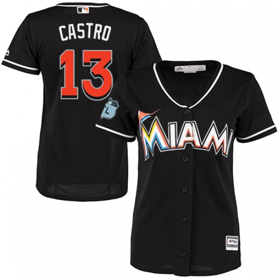 Womens Majestic Miami Marlins 13 Starlin Castro Authentic Black Alternate 2 Cool Base MLB Jersey