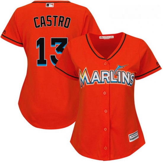 Womens Majestic Miami Marlins 13 Starlin Castro Authentic Orange Alternate 1 Cool Base MLB Jersey