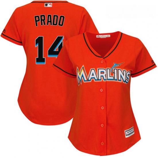 Womens Majestic Miami Marlins 14 Martin Prado Authentic Orange Alternate 1 Cool Base MLB Jersey