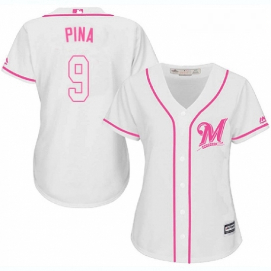 Womens Majestic Milwaukee Brewers 9 Manny Pina Authentic White Fashion Cool Base MLB Jersey