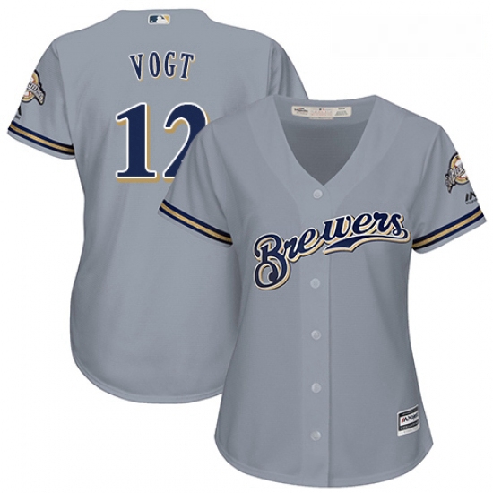 Womens Majestic Milwaukee Brewers 12 Stephen Vogt Authentic Grey Road Cool Base MLB Jersey