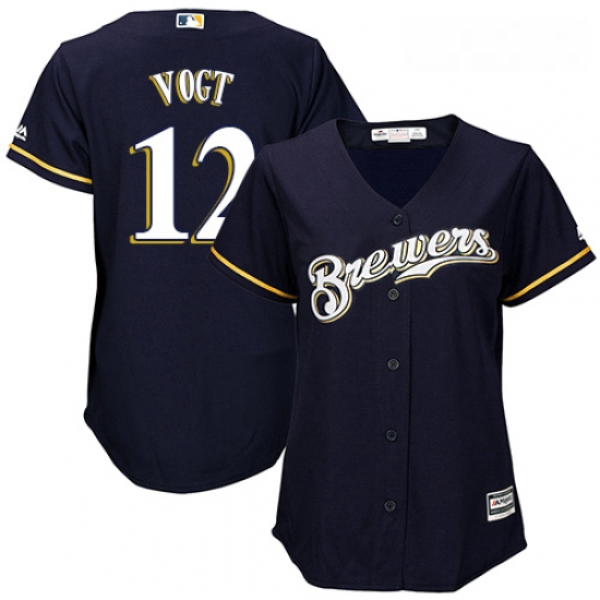 Womens Majestic Milwaukee Brewers 12 Stephen Vogt Replica Navy Blue Alternate Cool Base MLB Jersey